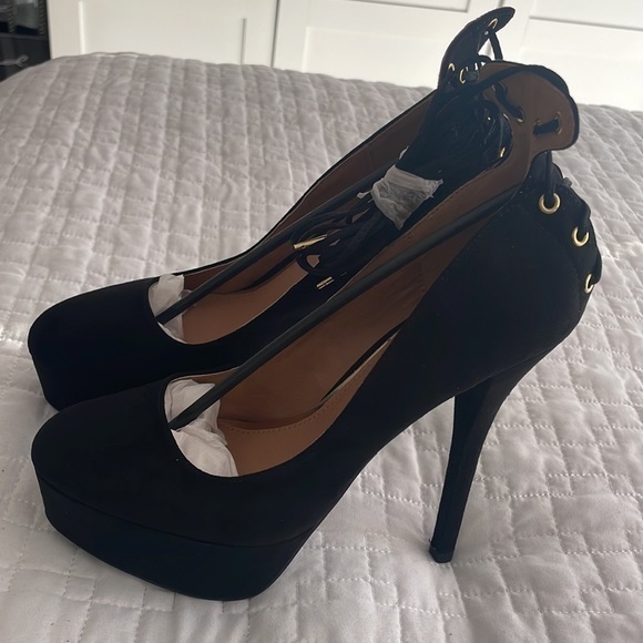NEW QUPID BLACK TIE PLATFORM PUMP size 7 lace up around Leg heels shoes sexy - Picture 6 of 11